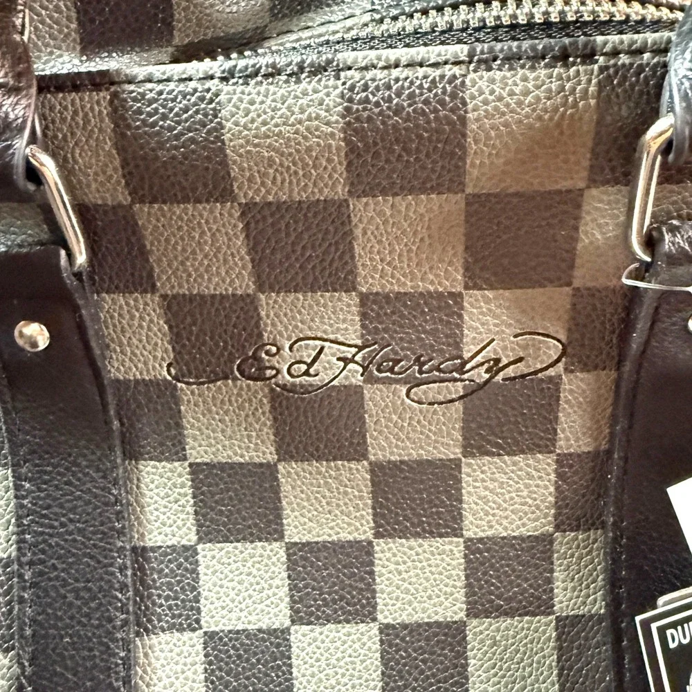 Ed Hardy Duffel Bag Brave Hearts Eagle Checkered Travel Weekender Black Gray NWT
